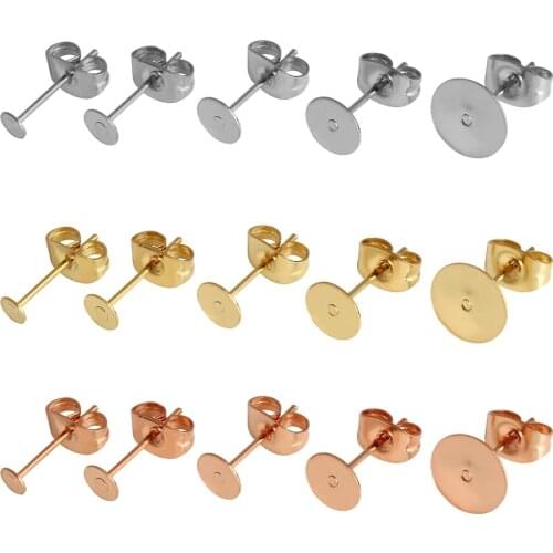 Stainless Steel Blank Post Earring Studs Base Fit 3-12mm Cabochon Cameo Settings Real Gold Plated Ear Back For DIY Jewelry Makin