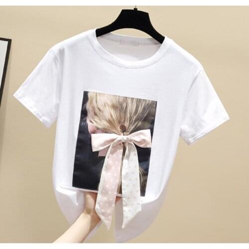 Bow Print T Shirt Women Clothes New Fashion 2020 Summer Tops Short Sleeve Tshirt Woman T-Shirt Korean Style Tee Shirt Femme