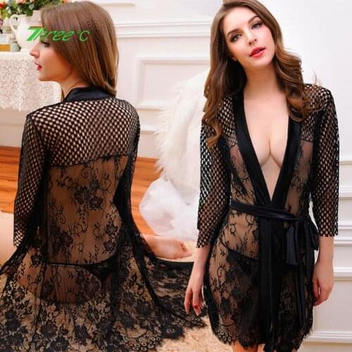 Sexy Perspective Nightdress Fishnet Black Lace V-Neck Long Sleeve Erotic Lingerie Suit Sexy Babydoll Erotic Suit Porne Clothing