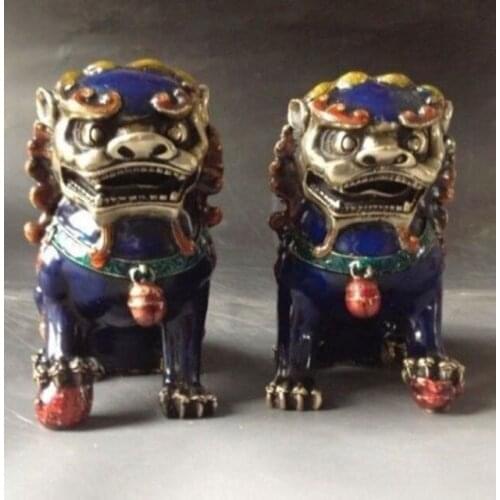 A Pair Chinese Cloisonne Copper Statue-Lion Foo Dog statue Decoration Ornament
