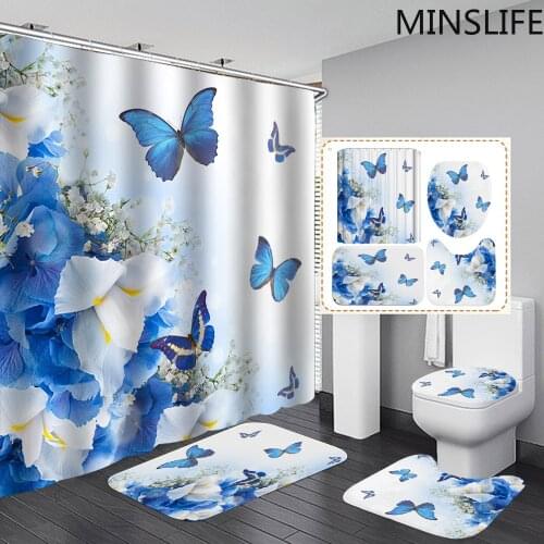 Blue Butterflies In The Flowers Pattern Shower Curtain Waterproof Fabric Bathroom Curtains Set Pedestal Rug Lid Toilet Cover Mat