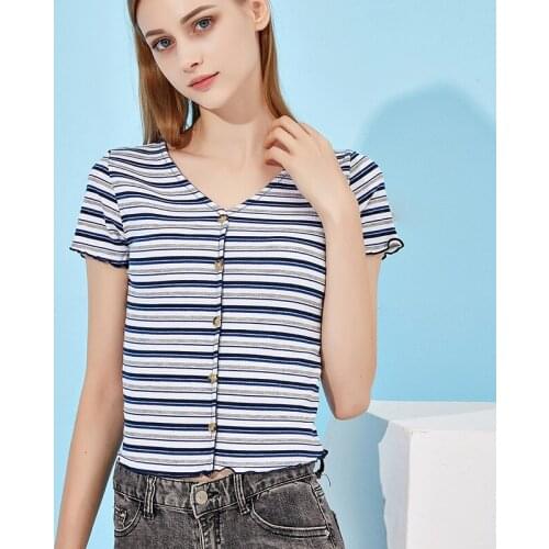 New Summer Casual Womens T-Shirt Fashion Short Sleeve V-neck Stripes Ladies Tops Harajuku Style Cotton Female Bottoming Clothes