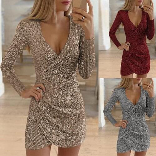 Women Dresses In Stock Fashion Sexy V Neck Sequined Sparkly Summer Prom Dress Mini Short Bodycon Party Dress Elegant Gowns