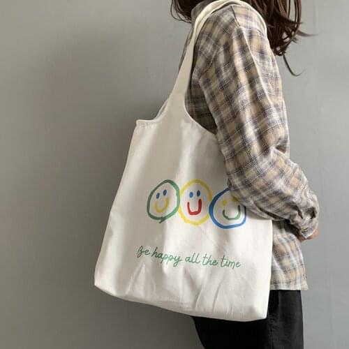 Women Shoulder Bags Cloth Cotton Canvas Smile Face Cartoon Shopping Bags Girls Eco Daily Use Handbags Tote Casual Shopper Bags