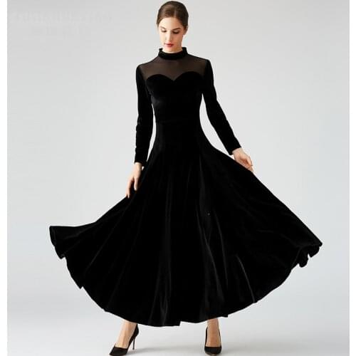 Autumn and Winter New Black Modern Dance Costume Velvet Big Swing Women Ballroom Dance Dress Long Sleeve Waltz Practice Clothes