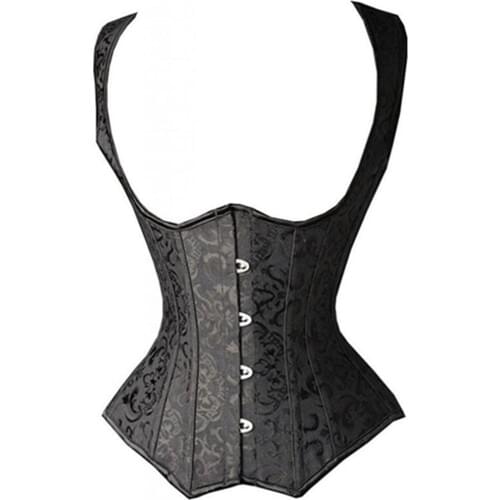 Womens Gothic Jacquard Underbust Corset Sexy Shoulder Straps Spiral Steel Boned Bustier Vest Corselet Plus Size S-6XL