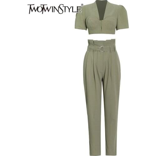 TWOTWINSTYLE Loose Two Piece Set For Women V Neck Short Sleeve Tops High Waist Harem Pants Casual Sets Female Fashion New 2021