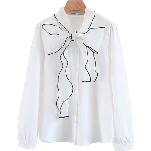 PERHAPS U Women White Bow Solid Chiffon Top Shirt Long Sleeve Office Lady Work OL B0182