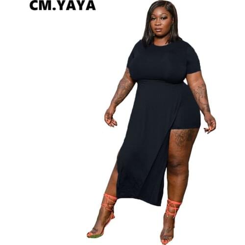 CM.YAYA Women Plus Size Tracksuit Solid Short Sleeve Split X-long T-shirt Strechy Short Two 2 Piece Sets Sporty Outfit Summer