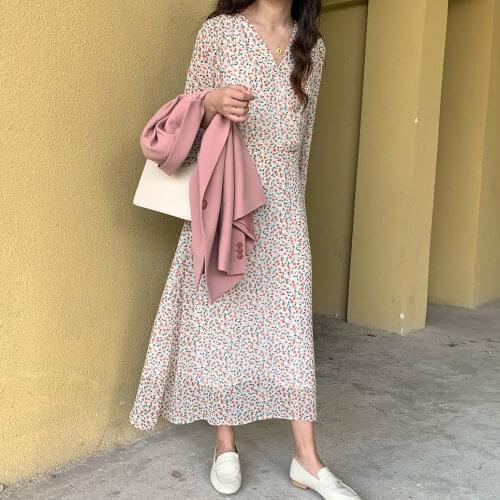 Sexy Floral Women Korea Unif Party Print Boho Chic Engagement Dress Spring Autumn Slim Long Sleeve Maxi V-Neck Dress Casual