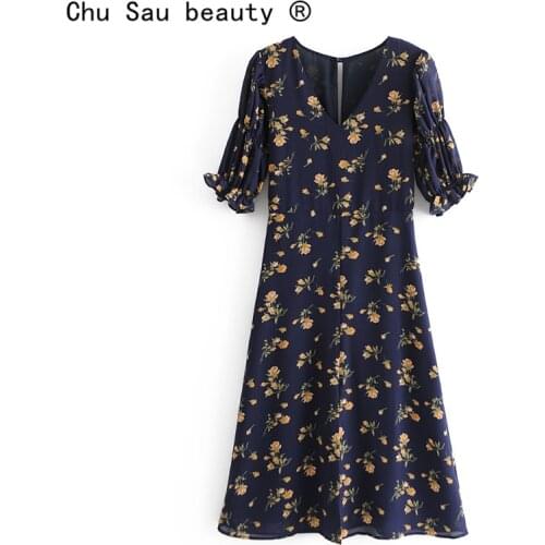 2021 New Summer Floral Print Vintage Pastoral Style V-neck Puff Sleeve High Waist Slim Split Long Chiffon Midi Dress For Woman