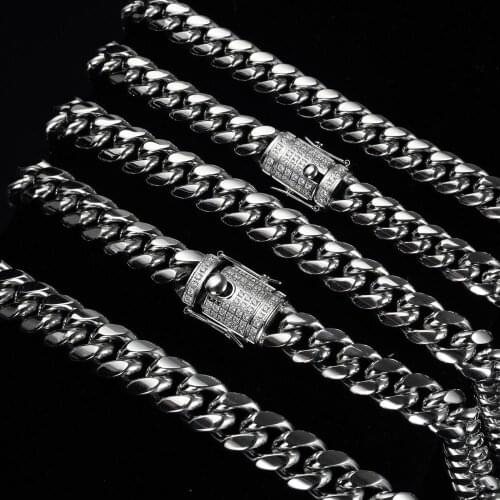 10/14mm Stainless Steel Hip Hop Mens Jewelry High Polished CZ Clasp Miami Cuban Link Men Women Chains Necklaces