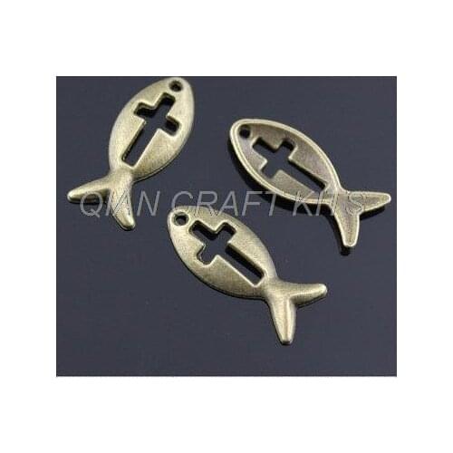100 pcs antique bronze jesue cross fish charms vintage pendants beads diy jewelry supply size 20mmX9mm