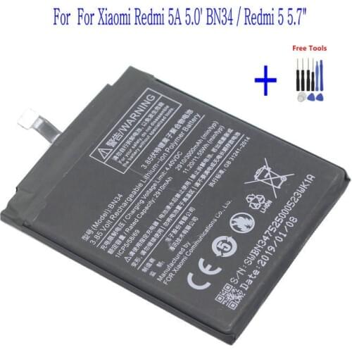 1x BN34 3.8V 3000mAh Replacement Battery For Xiaomi Redmi 5A 5.0' BN34 / Redmi 5 5.7" Battery Batteries + Repair Tools kit