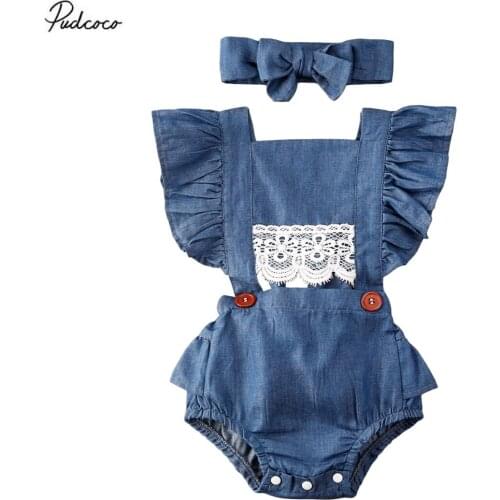 2020 0-24M Toddler Baby Girls Cotton Rompers Cute Summer Kid Flower Floral Ruffle Lace Denim Jumpsuit Outfit Cotton Clothes