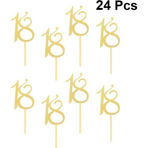 24 Pcs 18 Years Old Cake Toppers Cake Picks Cake Decoration Inserts Cake Picks Dessert Card Placard For Birthday Party (Golden)