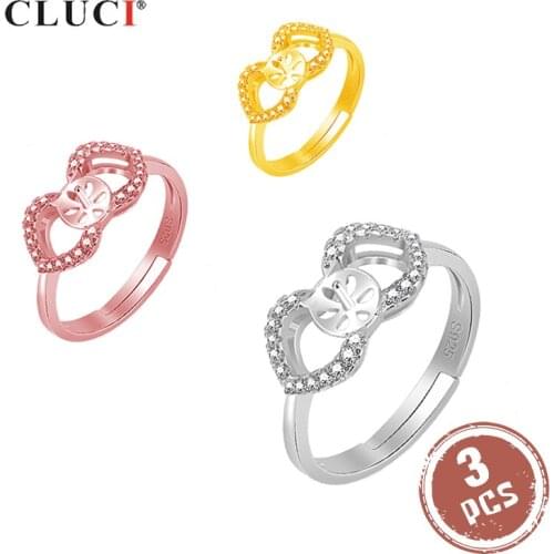CLUCI 3pcs 925 Sterling Silver Pearl Ring Mounting Women Silver 925 Adjustable Rings Bow Knot Rings Gift Jewelry SR2118SB