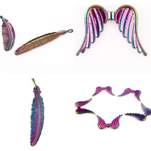 5pcs/lot fashion Rainbow Color zinc Alloy wings feather Plumage Pendant Charms fit Necklace Jewelry Accessories Collar men gifts
