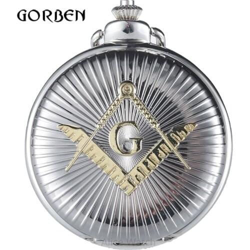 Antique Bronze Pocket Watch Retro Masonic Free-Mason With Chain Necklace Metal Siver Letter G Mens Fob Watches Relogio De Bolso