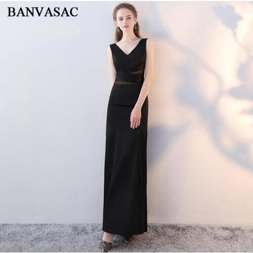 BANVASAC 2019 Deep V Neck Sexy Split Satin Mermaid Long Evening Dresses Party Lace Hollow Out Backless Prom Gowns