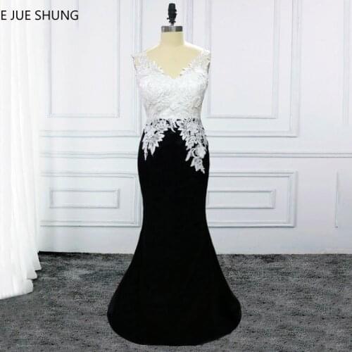 E JUE SHUNG White Lace And Black Mermaid Evening Dresses Long 2018 Backless Evening Gowns Formal Dresses robe longue