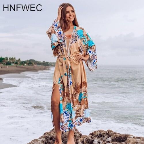 Rayon Print Long Loose Beach Wear Cover Up Coat Dresses Sexy Swimsuit Outdoor Blouse Cardigan Shawl Dress K299