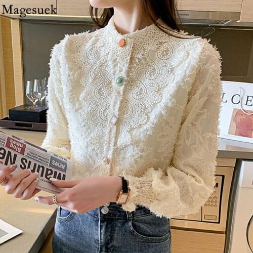 Elegant Autumn New Womens Shirt Korean Fashion Stand Collar Lace Blouse Women Vintage Shirt Button Slim Long Sleeve Tops 16899