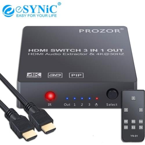 ESYNiC 3 Port HDMI Switch Audio Extractor Optical Toslink HDMI Stereo Output Audio Converter Support 4K 3D PIP For DVD HD Player