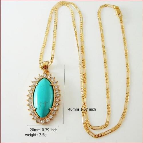 Foromance - YELLOW GOLD GP 24" FIGARO CHAIN NECKLACE & BLUE STONE OVAL SHAPE PENDANT WITH CZ STONES