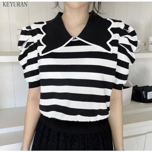 Summer Vintage Women Knitted T-Shirts Turn-Down Collar Puff Short Sleeve Casual Slim Knit Stripes Tees Korean Thin Ice Silk Tops