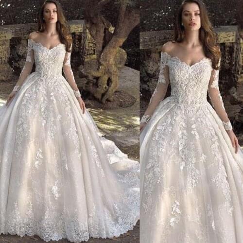 Vintage Lace Wedding Dresses Country A Line 2021 Off Shoulder Long Sleeves Bridal Gowns Custom Made Backless Sweep Train Robes