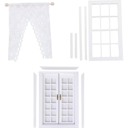 White Wooden 1/12 Scale Dollhouse Miniature Exterior Doors & 12 Panels Window w/ Curtain Kits