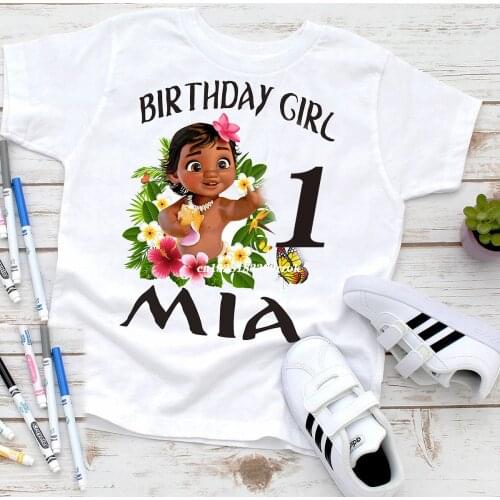Fashion Personalized with Name Girls Birthday T-shirt Kids Cartoon Top Moana Ocean Romance Children Short Sleeve T Shirt 0459