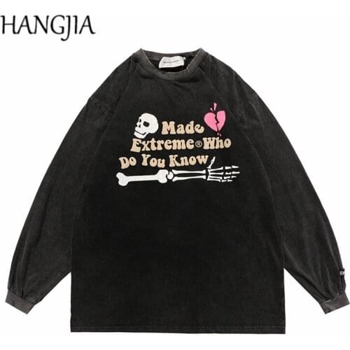 Diablo High Street Retro Washed Distressed Funeral Long-sleeved T-shirt Mens Skull Love Heart Foam Printing Top Tshirts Hip Hop
