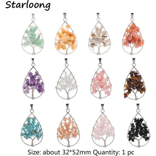 Tree of Life Handmade Wire Wrap Water Drop Pendant Natural Stone Gem Gravel Amethysts Pink Quartz Tiger Eye Agates for Necklace