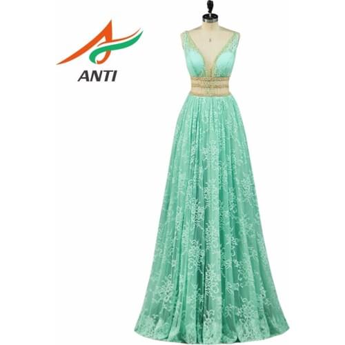 ANTI Romantic Mint Lace Evening Dress Long 2019 Vestido De Festa Sleeveless Beads A-Line Robe de Soiree Formal Evening party