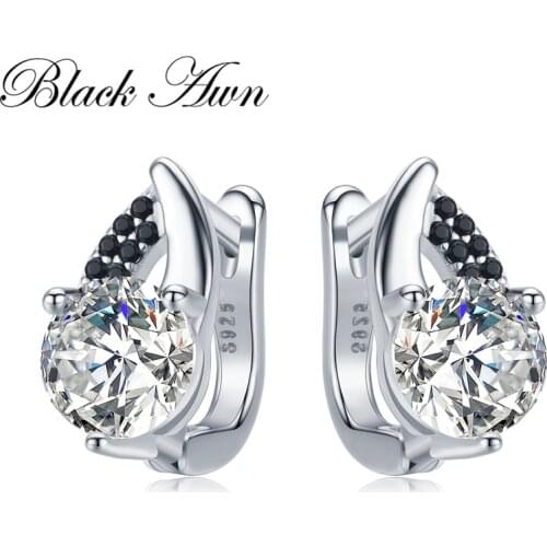 [Black Awn] Classic 925 Sterling Silver Round Black Trendy Spinel Engagement Hoop Earrings for Women Fine Jewelry Bijoux I131