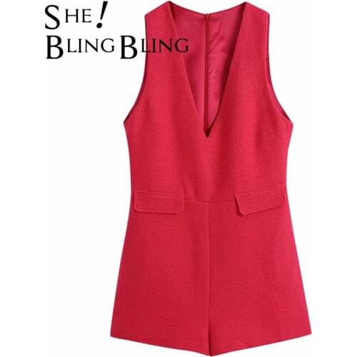 SheBlingBling Red Textured Playsuit Spring Summer Fashion Sleeveless Zipper Back V Neck Women Rompers Casual High Wasit Jumpsuit