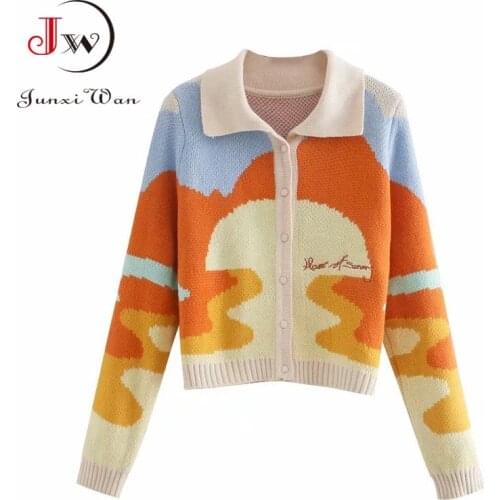Fashion Women Short Knitted Sweater Vintage Autumn Winter Print Single Breasted Long Sleeve Chic Cardigans Outwear