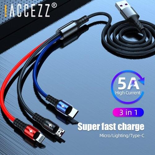 !ACCEZZ 3 in 1 USB Cable Lighting Cable 5A Fast Charging For iPhone 12 11 Pro Type c Cord For Samsung S20 Micro USB Charge Cable