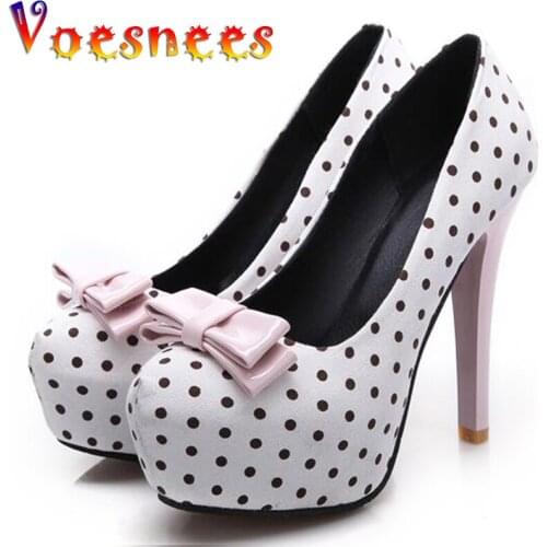Voesnees New Sweet Bow Stiletto Pumps Polka Dot Pattern Comfortable Waterproof Platform Women Shoes 12CM High-Heel Single Shoes