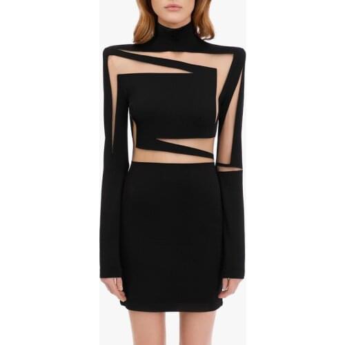 High Quality Black Long Sleeve Hollow Out Rayon Bandage Dress Elegant Evening Party Dress Vestidos