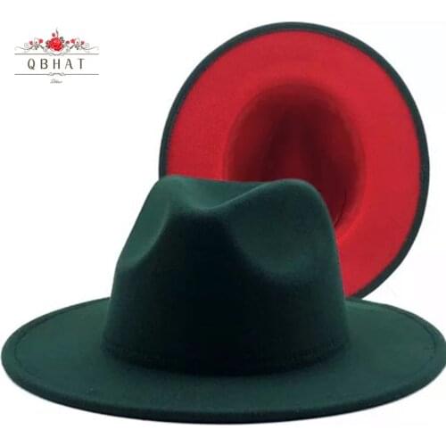 QBHAT New Outer Turquoise Inner Red Patchwork Wool Felt Jazz Fedora Hat Winter Dark Green Women Elegant Lady Church Panama Cap