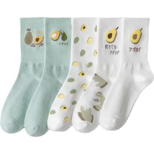 Women Cotton Fruit Short Socks Avocado Cute Ladies Cartoon Middle Tube White Sock Casual Funny Harajuku Japanese Streetwear Sox