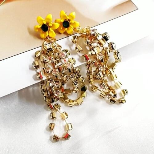 Mimiyagu big crystal tassel flwoer earring for women drop chain long earring