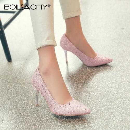 2021 New Spring Women Pumps Thin Heels Pointed Toe Bling Sequin cloth Sexy Dress Wedding Ladies Shoes Zapatos de Mujer Size31-43