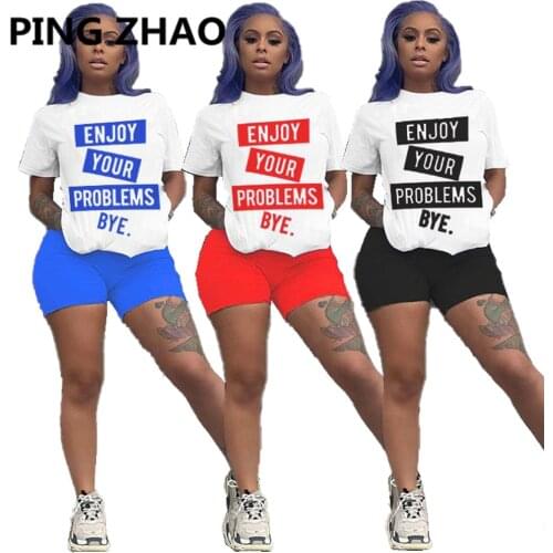 PING ZHAO Sport Women Letter Two Piece Set O-neck Tee Tops Jogger Pants Suit Tracksuit Matching Set Outfit