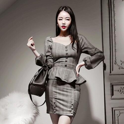 2020 Women Spring Elegant Plaid Lantern Sleeve Ruffles Shirts & High Waist Bodycon Mini Skirts 2 Pieces Set