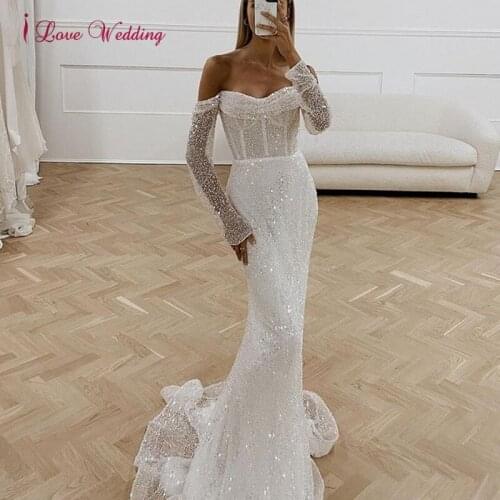 Sparkly Wedding Dress 2021 Long Sleeves Sequins Sweetheart Zipper Back White Mermaid Bridal Gowns for Women vestidos de novia