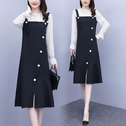 Womens Chiffon Patchwork Strap Dress Long Sleeve 2021 Autumn Slim Casual Loose Blouses Blusas Fashion Dresses Clothes For Woman